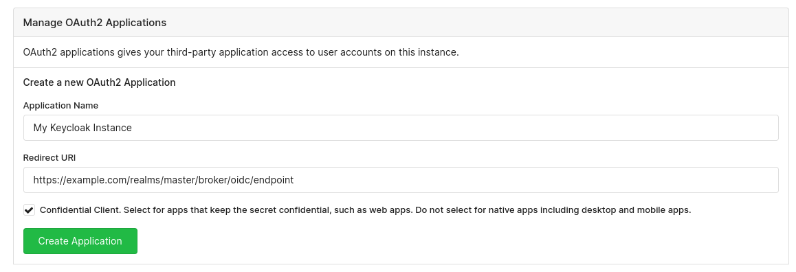Screenshot of Manage OAuth2 Applications section in Application settings on Codeberg.
