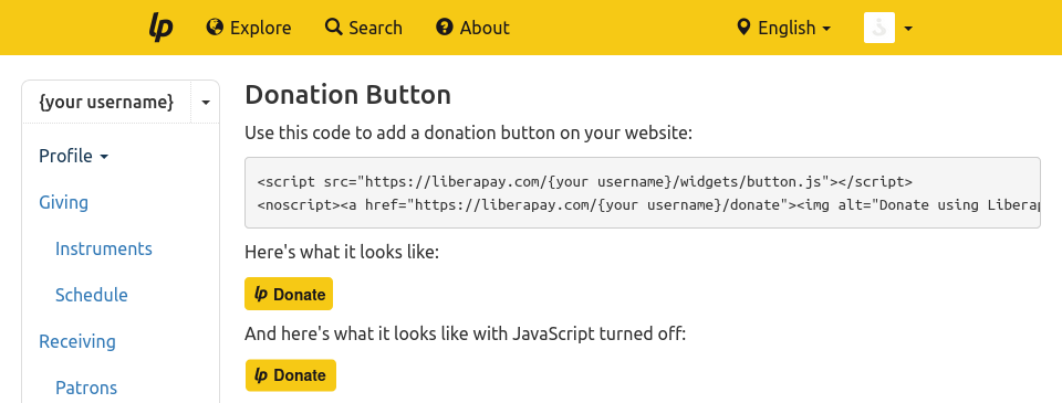 Screenshot of Liberapay's Widgets subpage. The first thing you should see is instructions on how you can add a Donation Button to your page, alongside with the HTML source code that you should use.