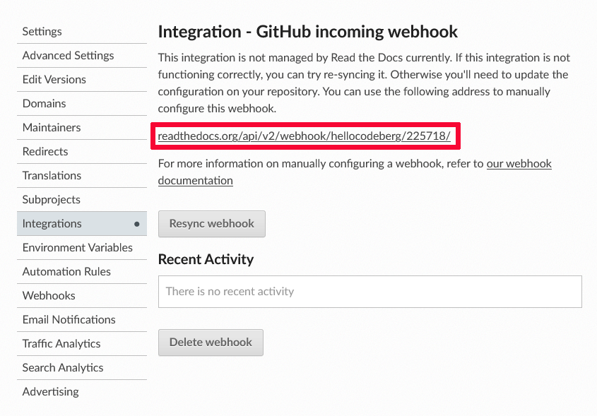 Image of an admin website of a Read the docs project.
  The integrations section of the admin page is selected.
  The page content start with a header saying 'Integration - GitHub incoming webhook'.
  After some explaining text an url specific to the Read the docs project is shown which can be used to manually configure this webhook.
  The url shown is marked with a red border.