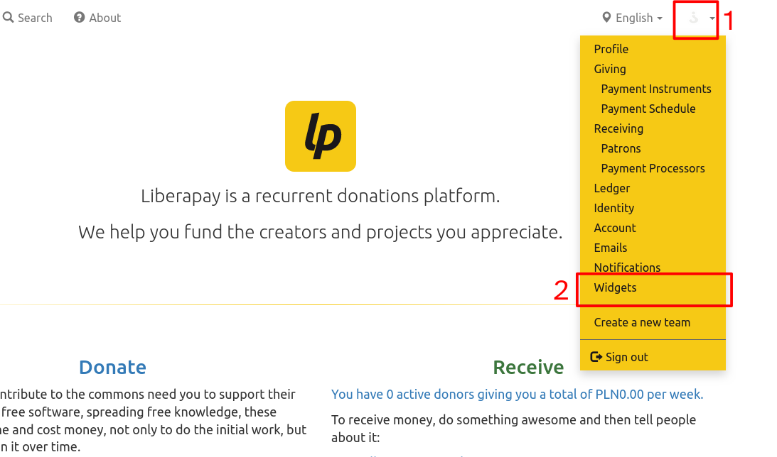 Screenshot of Liberapay's homepage with rectangles marking the profile picture on the top right of the page and the Widgets button.