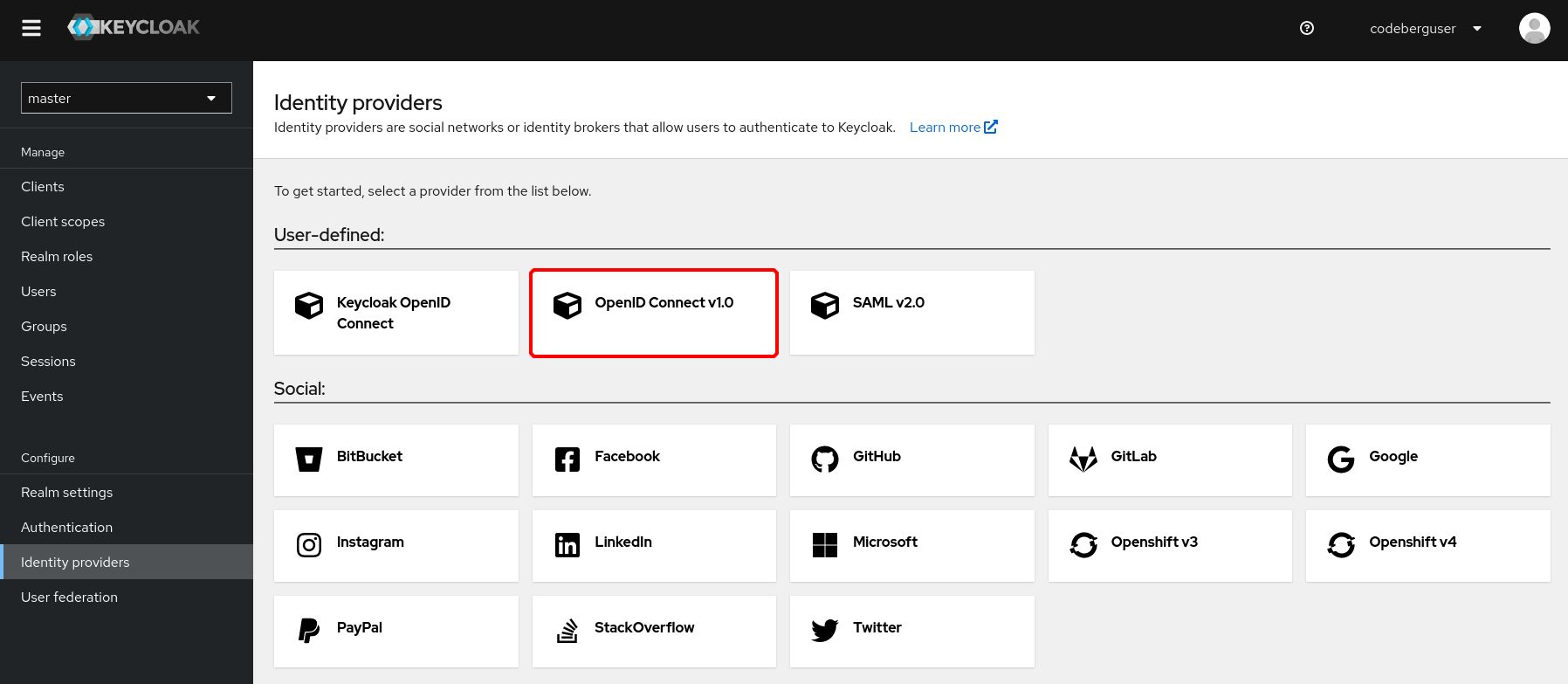 Screenshot of the Identity Providers menu. The OpenID Connect v1.0 button is marked with a red box.